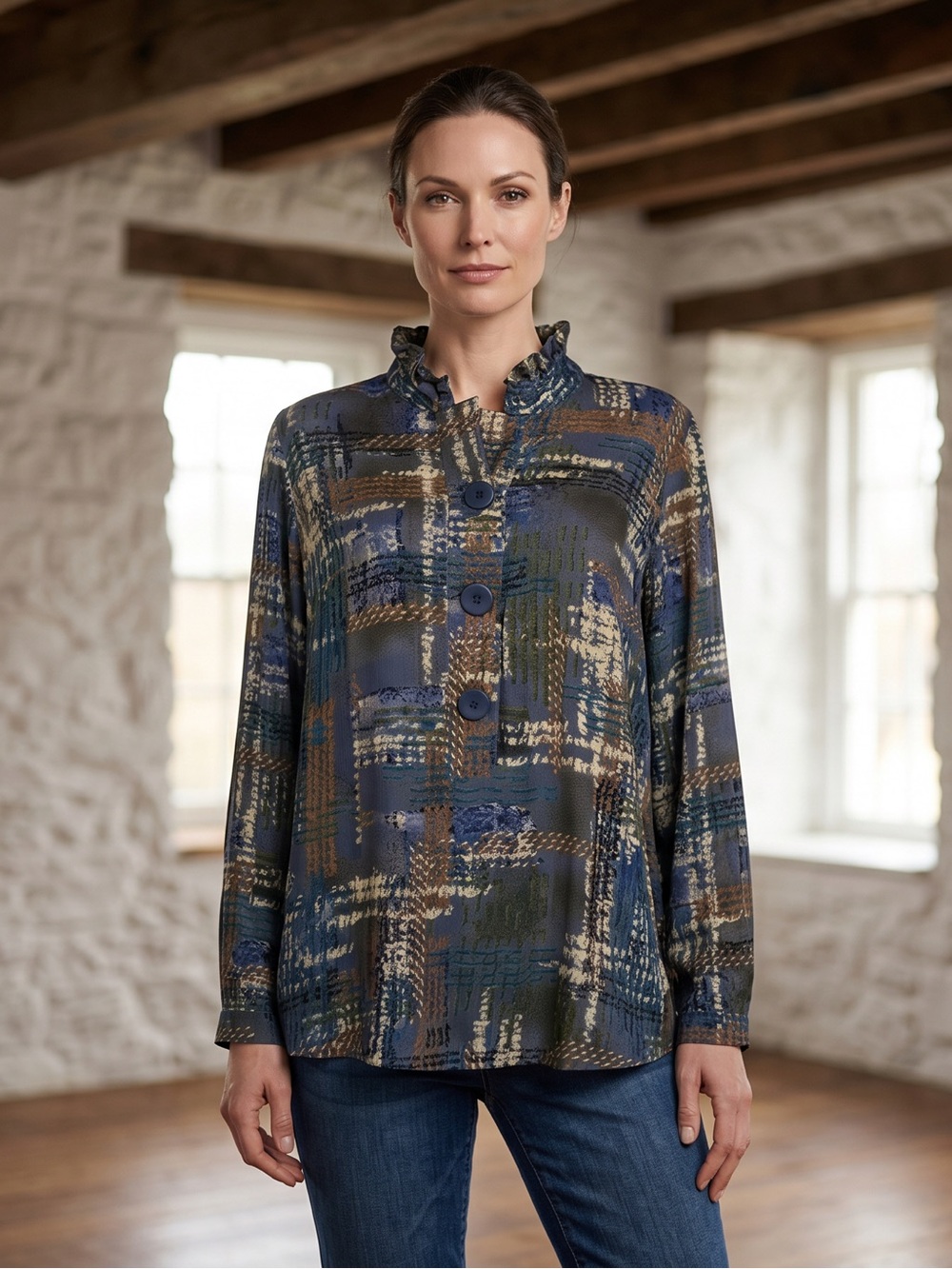 Unique Long Sleeve Blouse Artistic Artsy Patchwork With Soft Ruffled Neckline